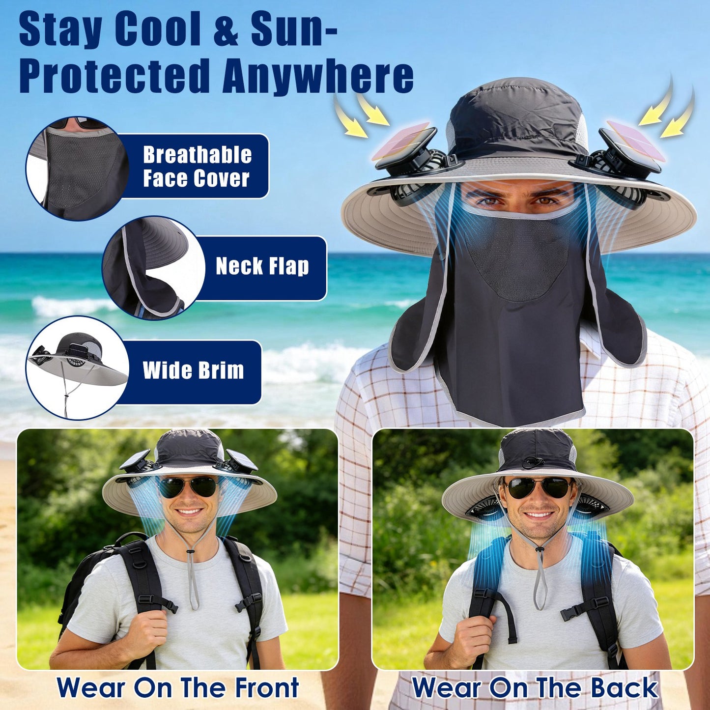 1Pc 2 In 1 Solar Fan Hat UPF50 Sun Hat With Fans Wide Brim Fishing Hat With Face Cover Neck Flap Solar USB Charging For Hiking Gardening Outdoor Work