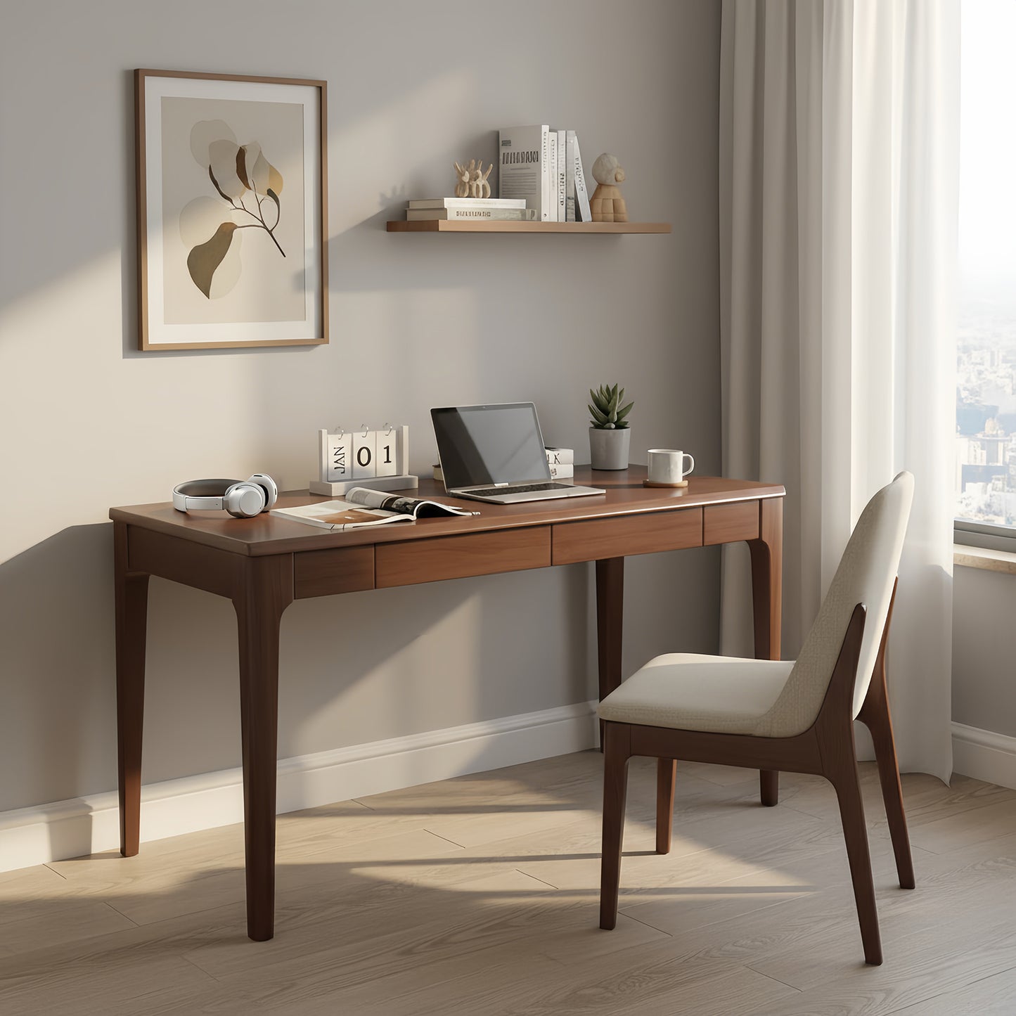 Solid Wood Desk With Drawers, Standing Desk With Smooth Edges, Home Office Desk For Small Spaces, Mid Century Modern Desk For Study, Bedroom, Living Room, Office,  Walnut, 47.24inx21.65inx29.53in