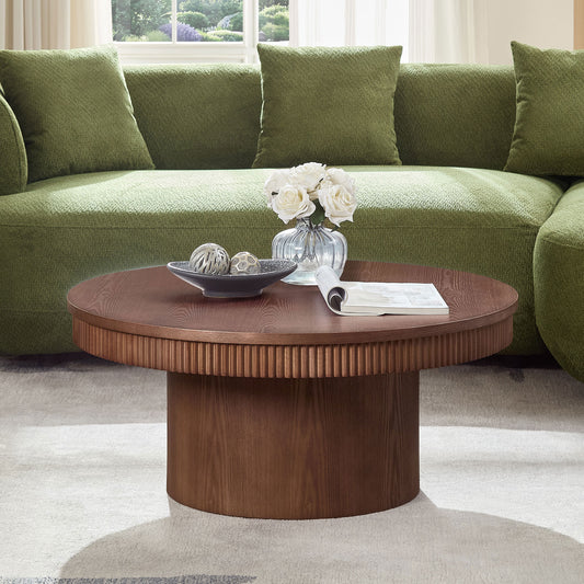 35.43 Inch Walnut Round Coffee Table With Solid Wood Ribbed Wave Trim,MDF Wood Veneer Table For Living Room,Apartment,Office