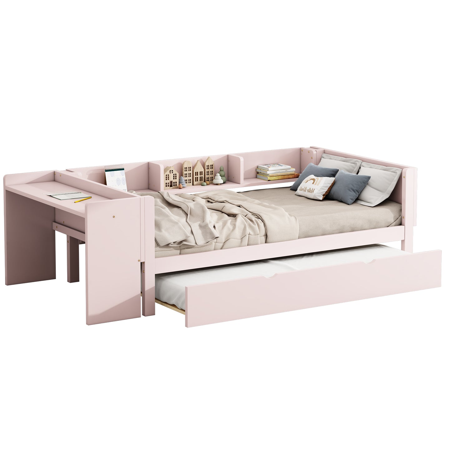 90x200cm, Flat Bed, With Pull-out Bed, With Desk, Three Shelves On The Side Of The Bed, P Ink