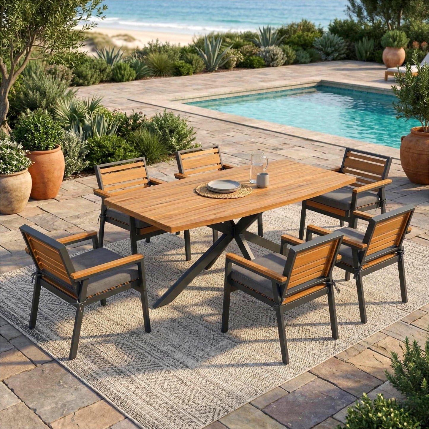 Modern 7-Piece Dining Set, Acacia Wood With Iron Frame, 6 Chairs With Dual-Layer Iron & Wood Seat Frame And Detachable Cushions, Outdoor Indoor Furniture For Patio And Garden, Gray
