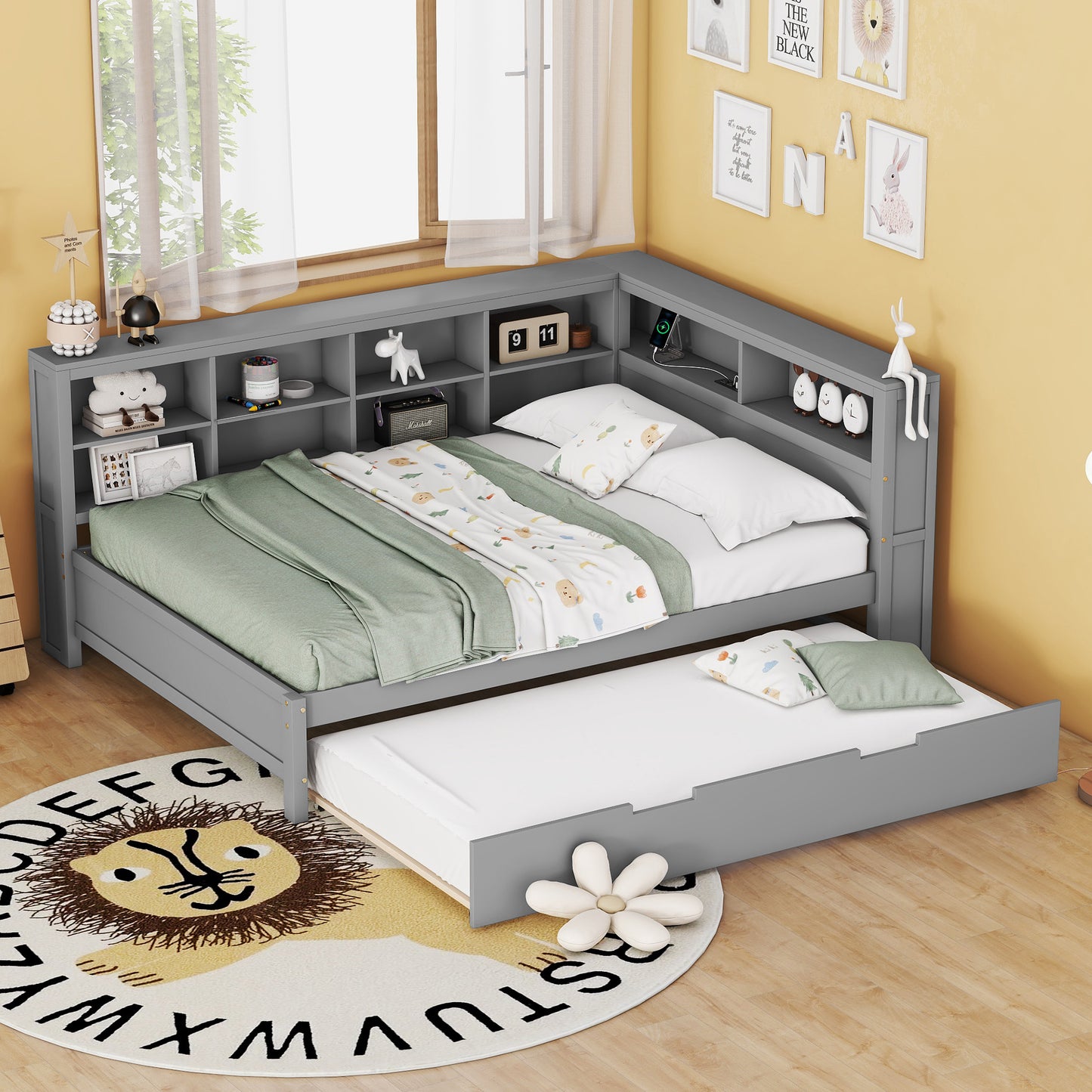 Wooden Full Size DayBed With Twin Size Trundle, DayBed With Storage Shelf And USB Charging Ports,Grey