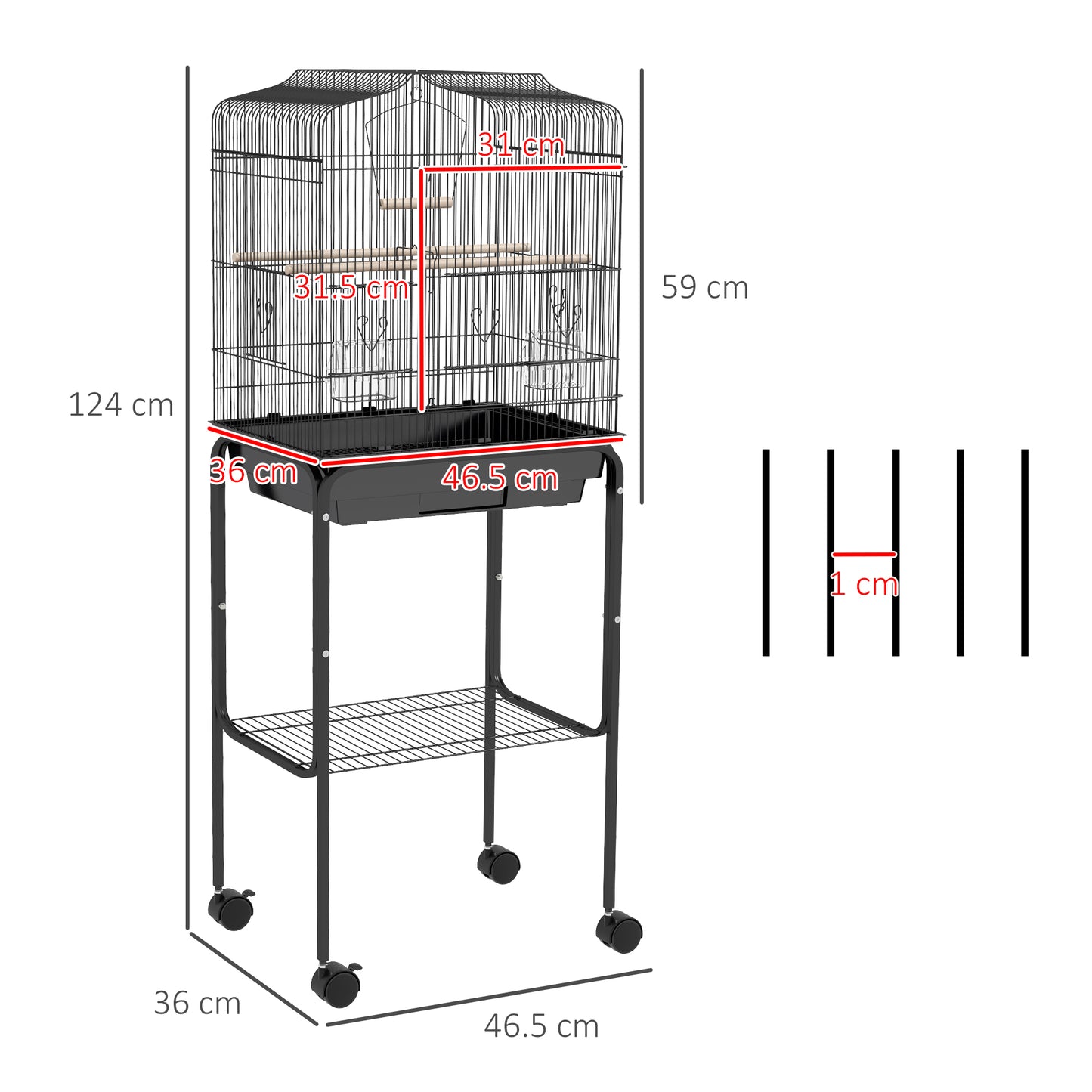 PawHut Bird Cage Budgie Cages For Finch Canary Parakeet With Stand Wheels Slide-out Tray Accessories Storage Shelf, Black