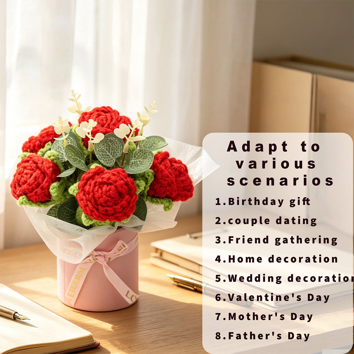 Handmade Crochet Flower Bouquet, Rich Red Rose Blossoms Matched With Eucalyptus Foliage, Soft Yarn Everlasting Crochet Floral Bouquet, Indoor Home Tabletop Decorative Ornament