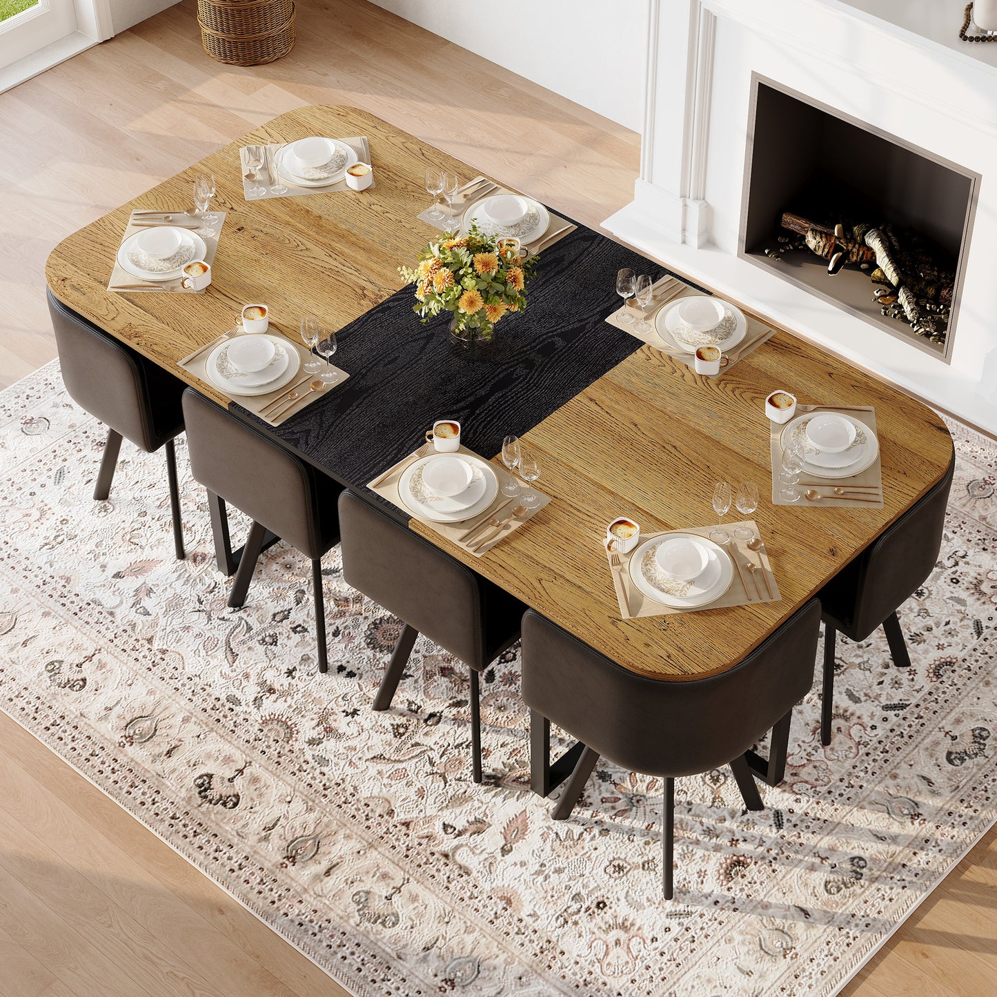9-Piece Square Dining Table Set, Fixed Two-Tone Wood Grain & Black Wood Grain Triamine Tabletop With 8 Black Faux Leather Chairs, Modern Kitchen Table Set For 8 People, Ideal For Family Gatherings