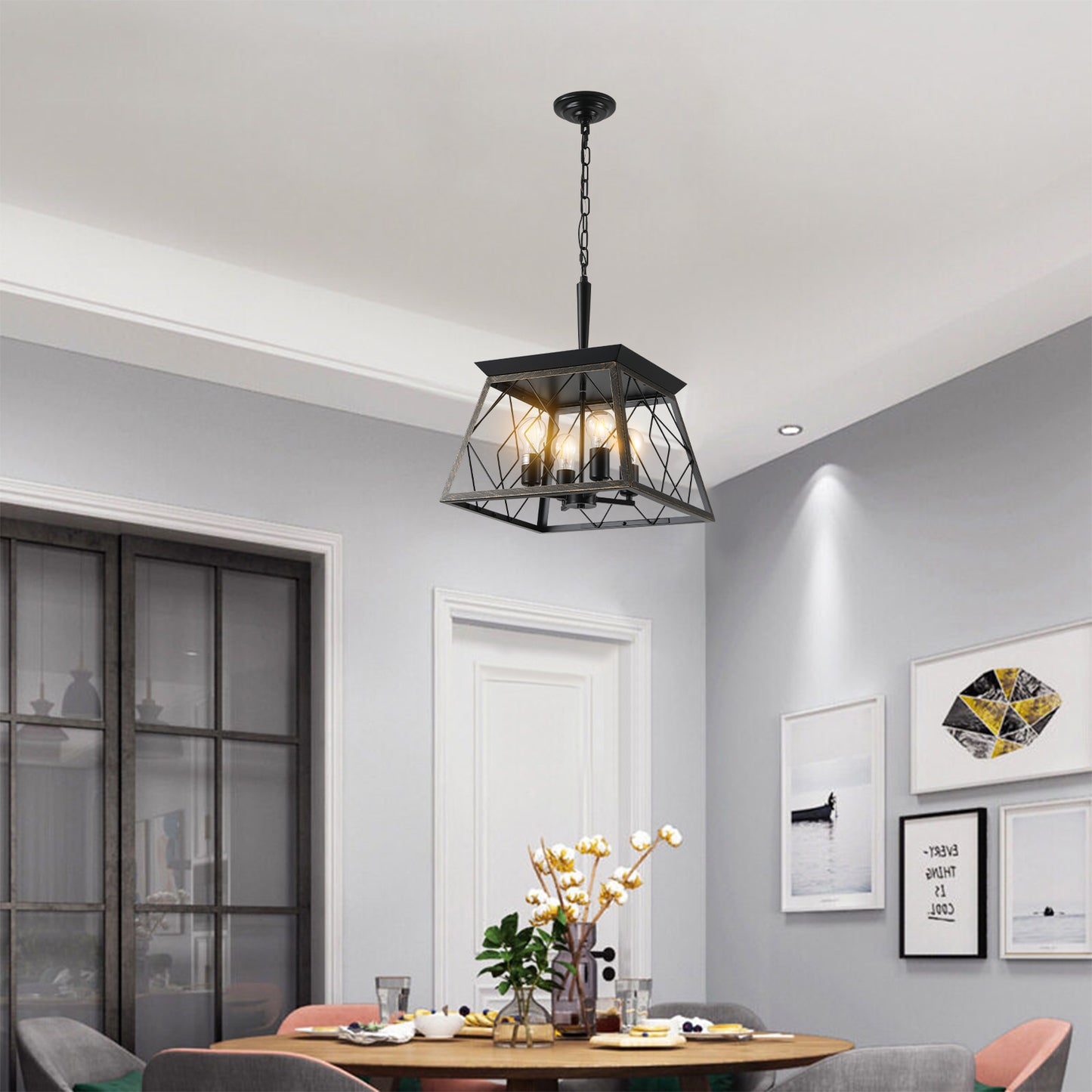 Same As W1340111204 L1010 16  Black Gold Industrial 4-Light Pendant Chandelier, Modern Metal Cage Design, Adjustable Hanging Light For Dining Room, Kitchen, Living Room No Bulbs