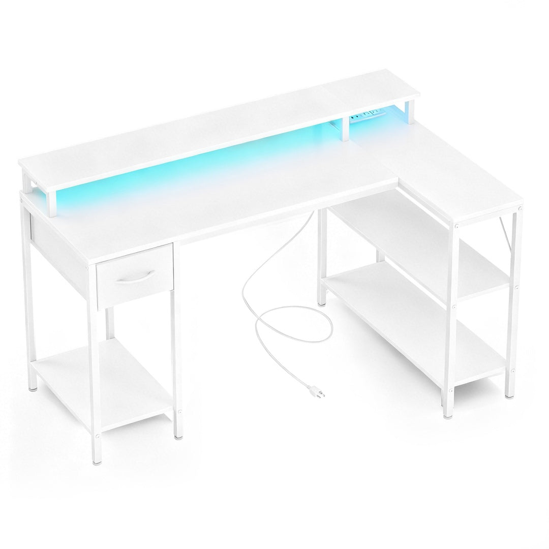 53-inch Gaming Table With USB Charging Port And LED Light, Reversible L-shaped Table With Power Socket And Monitor Stand