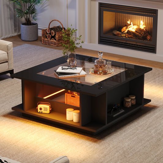 Coffee Table 70x70x30 Cm, Square Coffee Table In Black With Glass Top, High-gloss Surface & LED Lighting, Side Table, Coffee Table, Living Room Table Made Of Chipboard, Loadable Up To 30 Kg