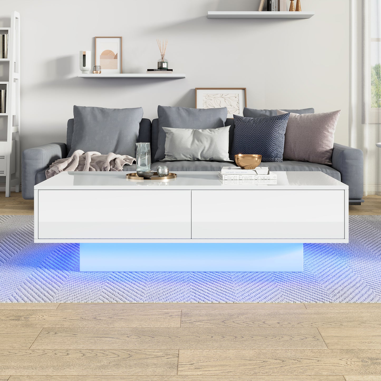 Modern High-gloss Coffee Table In White, 115 X 55 X 34 Cm, With 2 Drawers, LED Lighting And 30 Kg Load Capacity  Elegant Living Room Table