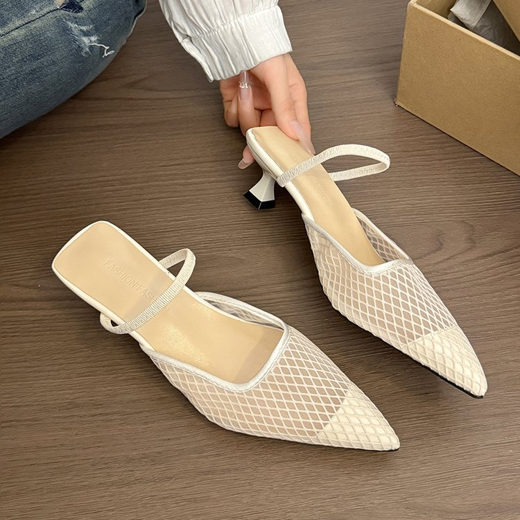 Women's Pink Mesh Pointed Toe Kitten Heel Mules, Breathable One Strap Closed Toe Slides, Fashion Low Heel Sandals For Office Daily Wear