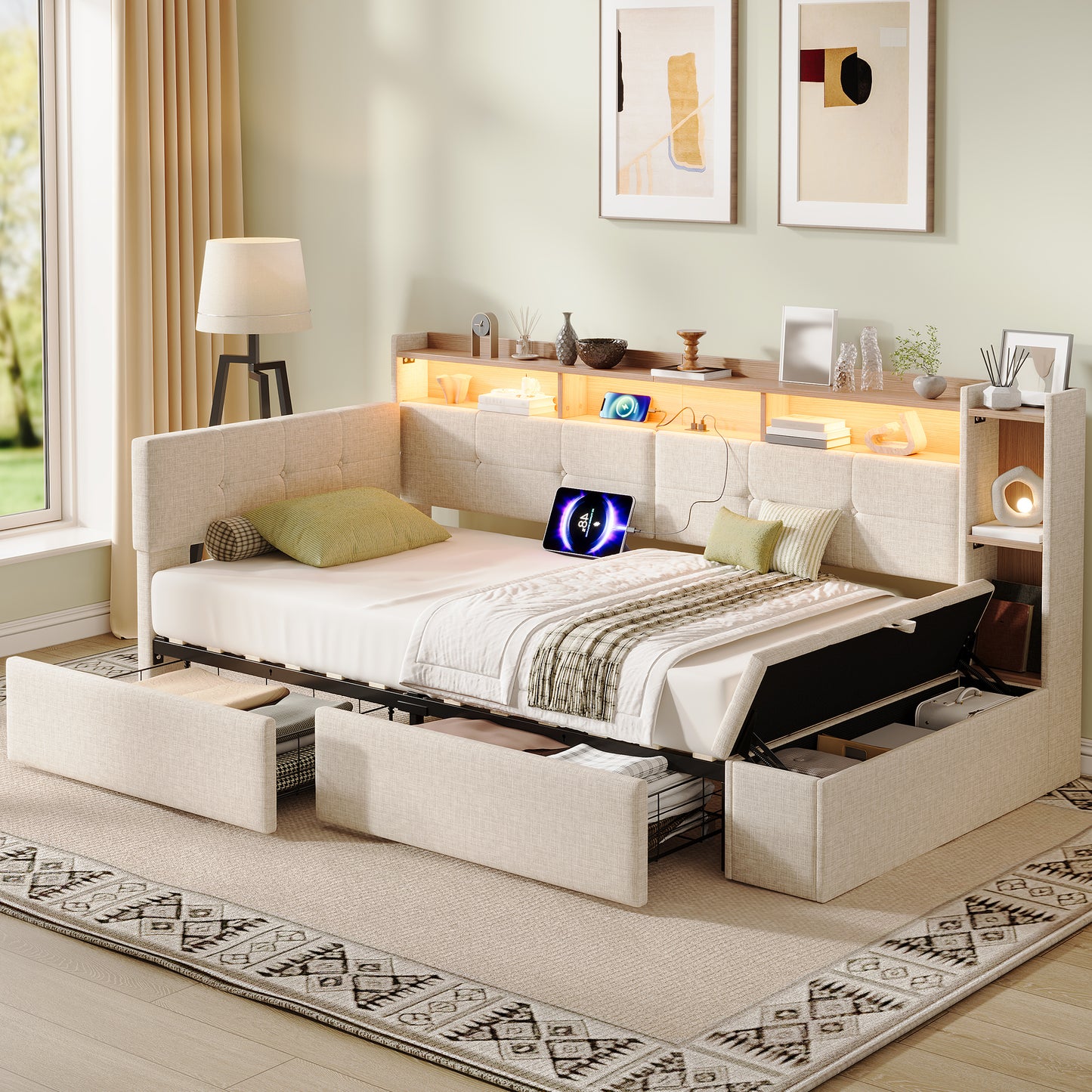 3ft Single LED Daybed With Storage Drawers And Bed End Ottoman Storage, Modern Linen Sofa Bed With Charging Station For Living Room Bedroom Study Room, 90X190cm, Beige  No Mattress