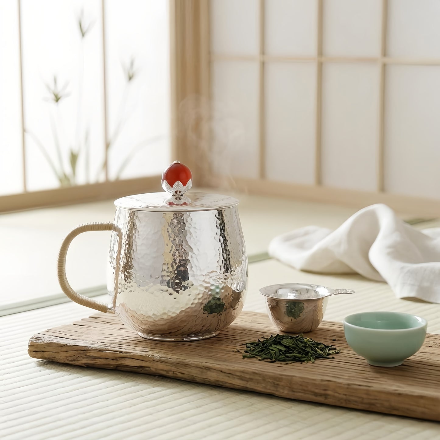 925 Sterling Silver Hammered Silver-Tone Artisan Tea Mug with Red Stone Lid and Rattan Handle - Handicraft