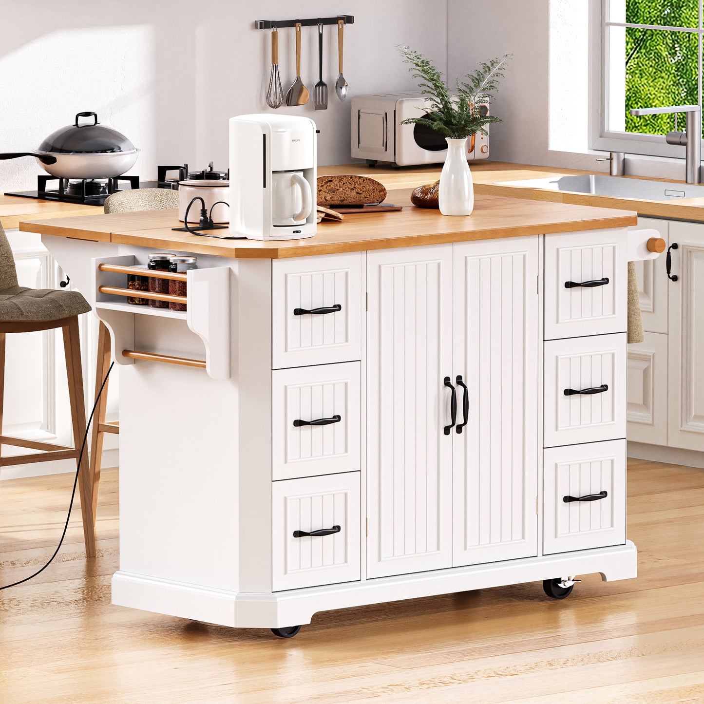 K&K 56 Inch Kitchen Island With Rubber Wood Veneer Drop Leaf, Power Outlet, 4 Door Shelves, Embossed Vertical Stripe Rolling Kitchen Cart On 4 Wheels With 6 Deep Drawers For Kitchen, Dining Room,White