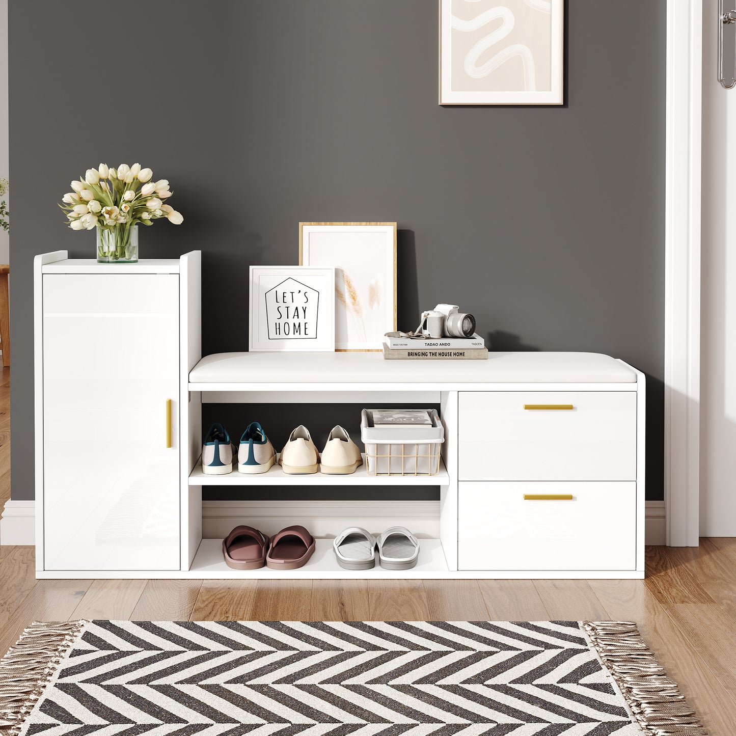 128x30x68cm Shoe Cabinet Shoe Rack With 2 Drawers 1 Cabinet, High Gloss Shoe Benches Benches With Upholstered And Storage Space, Suitable For Living Room, Hallway, Office, White