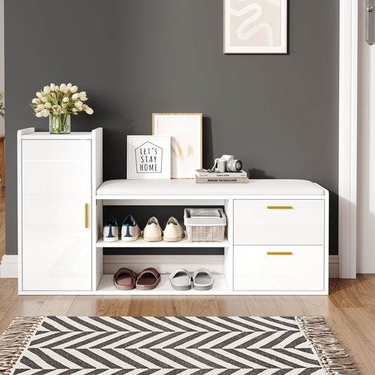 128x30x68cm Shoe Cabinet Shoe Rack With 2 Drawers 1 Cabinet, High Gloss Shoe Benches Benches With Upholstered And Storage Space, Suitable For Living Room, Hallway, Office, White