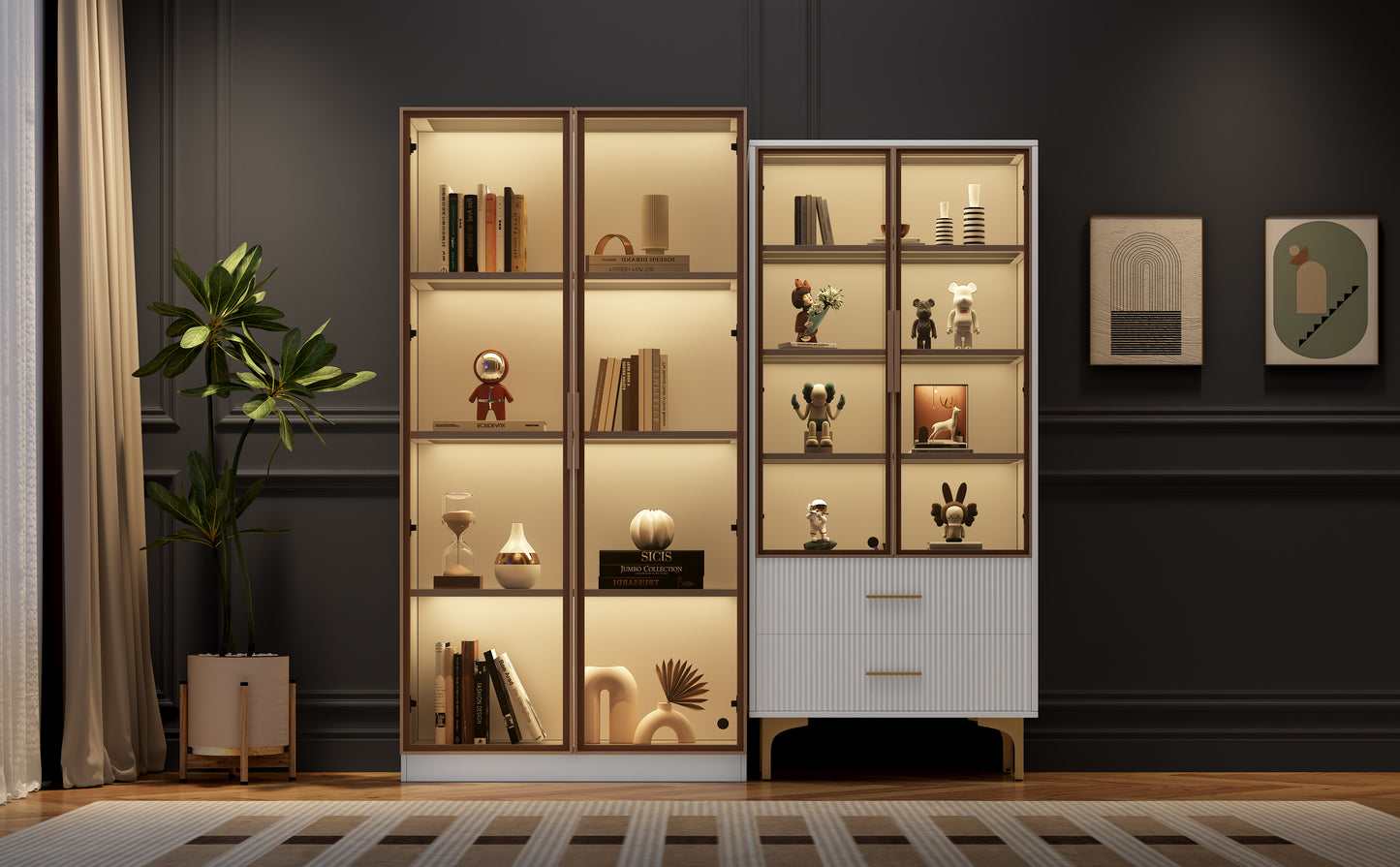 Modern Living Room Set Two White Glass Display Cabinets With LED Lighting And Adjustable Shelves, Color Scheme In Platinum - Living Room Highboards, Sideboards, Standing Display Cabinets, Display Cab