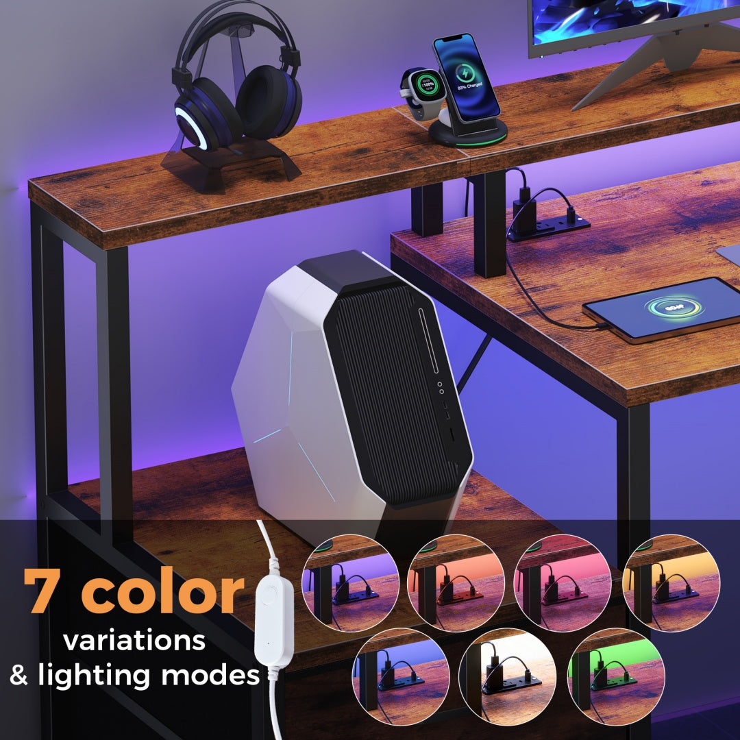 67-inch Computer Desk, Equipped With 5 Drawers And A Monitor Stand. The Gaming Table Comes With LED Lights And Power Sockets. The Printer Cabinet.