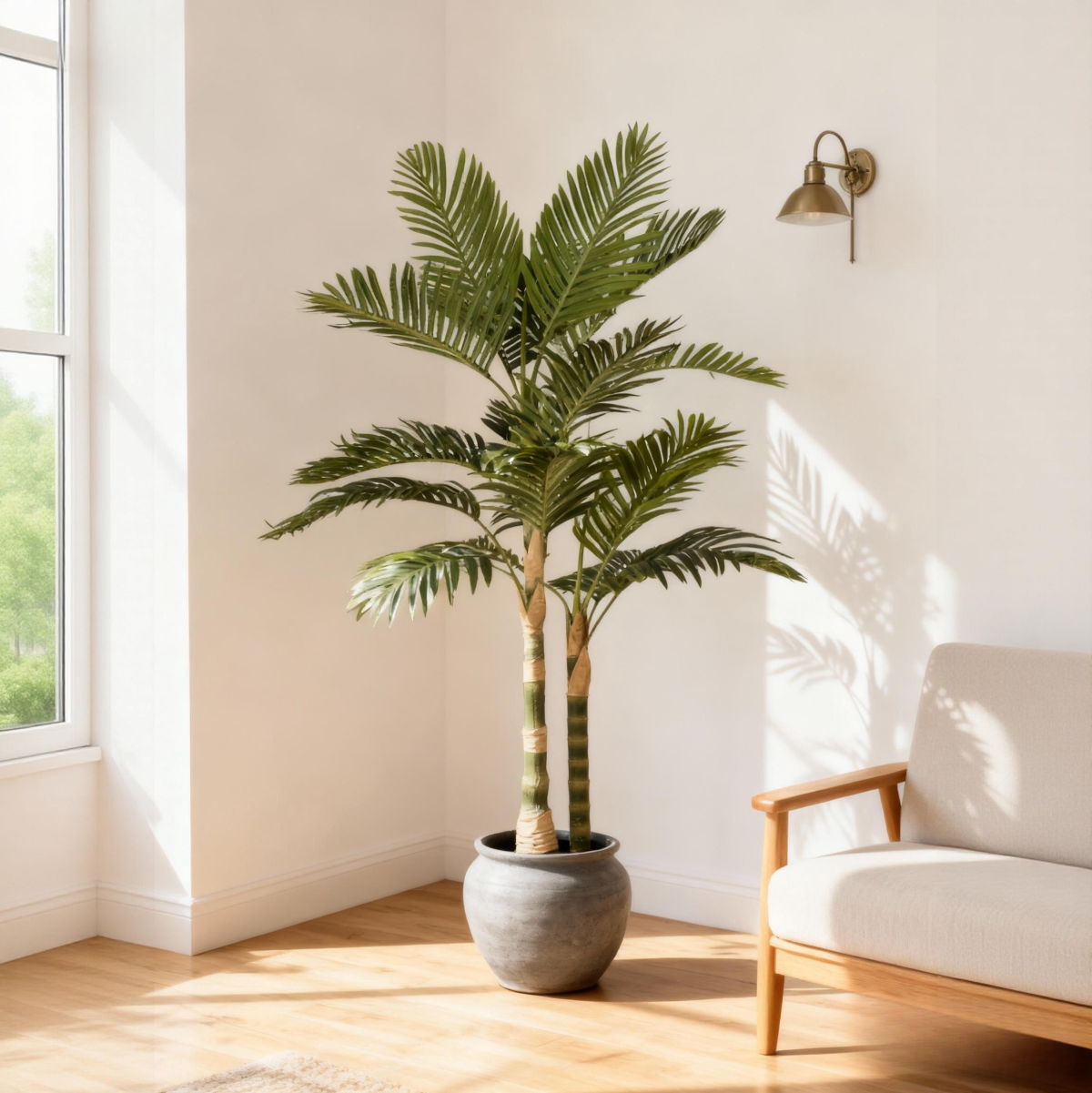 5FT Golden Cane Artificial Palm Tree with Black Plastic Pot, Tropical Fake Plant for Indoor Outdoor Decoration, Faux Palm, 1pc/set