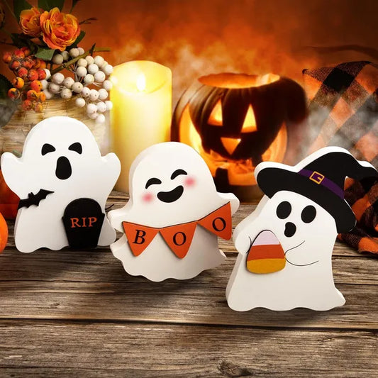 Cute Ghost Halloween Decorations Indoor, Wooden Tiered Tray Decor Table Sign Set Of 3, Black Cat Bat Witch Broom Signs Pumpkin Blocks For Party Home Shelf Display