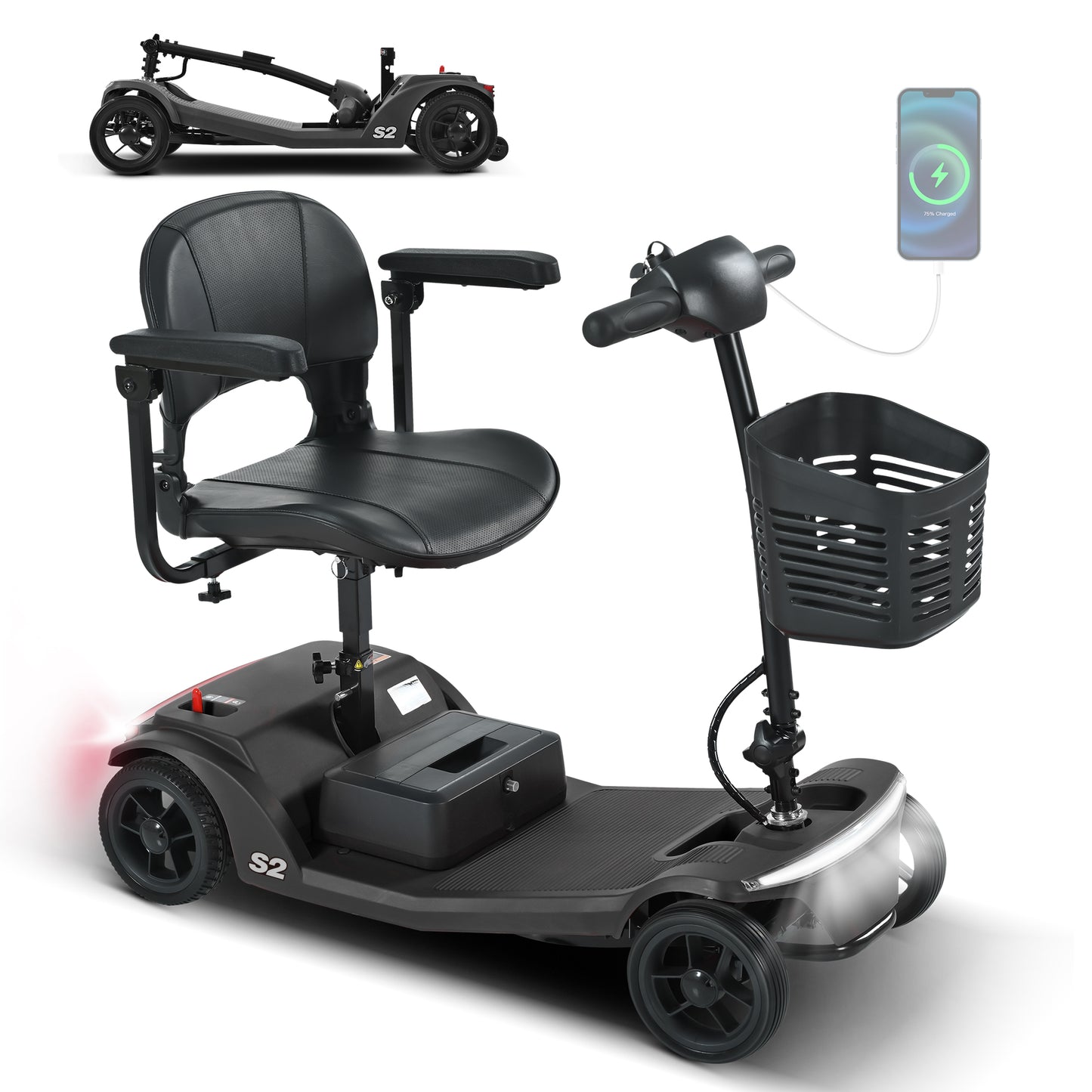Four-wheeled Mobility Scooter For Seniors, Load Capacity 136 Kg, Speed 6 Km H, Removable Battery, USB Charging Port, No Driver's License Required  S2 BLACK