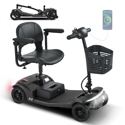 Four-wheeled Mobility Scooter For Seniors, Load Capacity 136 Kg, Speed 6 Km H, Removable Battery, USB Charging Port, No Driver's License Required  S2 BLACK