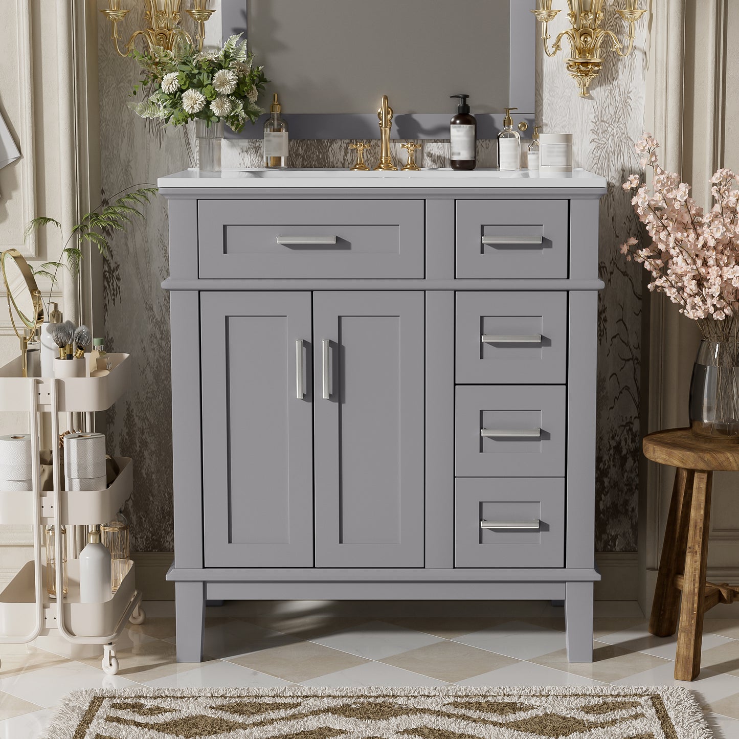 30  Bathroom Vanity With Ceramic Sink, Modern Storage Cabinet With Soft-Close Doors, Deep Drawer & Standard Drawer, Stylish Bath Vanity For Small Bathrooms