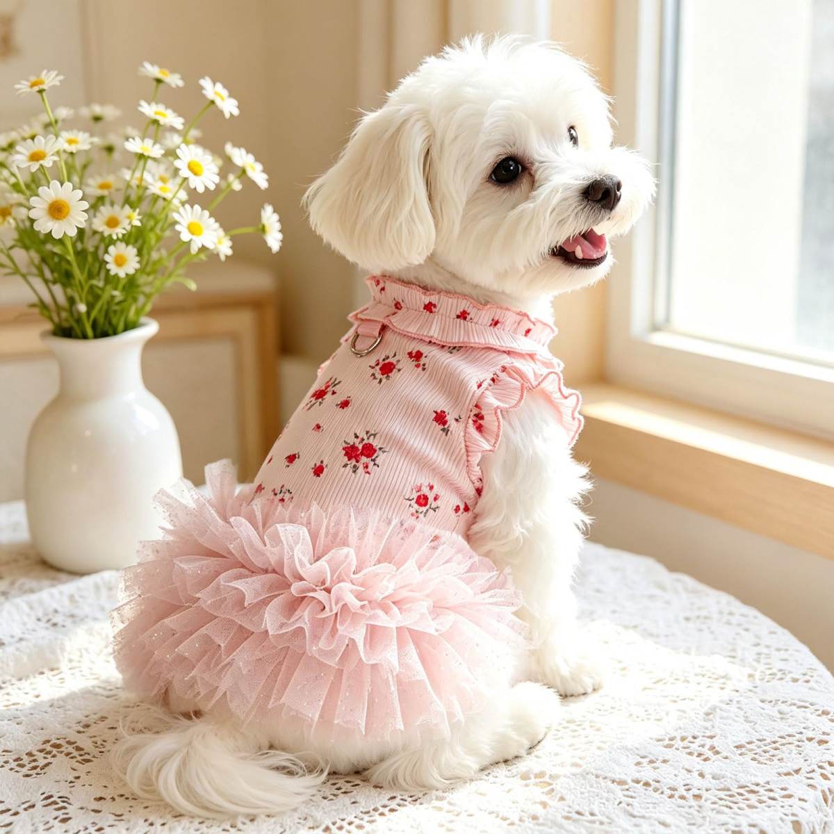 Dog Dresses For Small Dogs Girl,Floral Dog Tutu Dress,Pet Clothes For Puppy Small Cats Cute Dog Princess Skirt For Female Pet Birthday Party Outfit