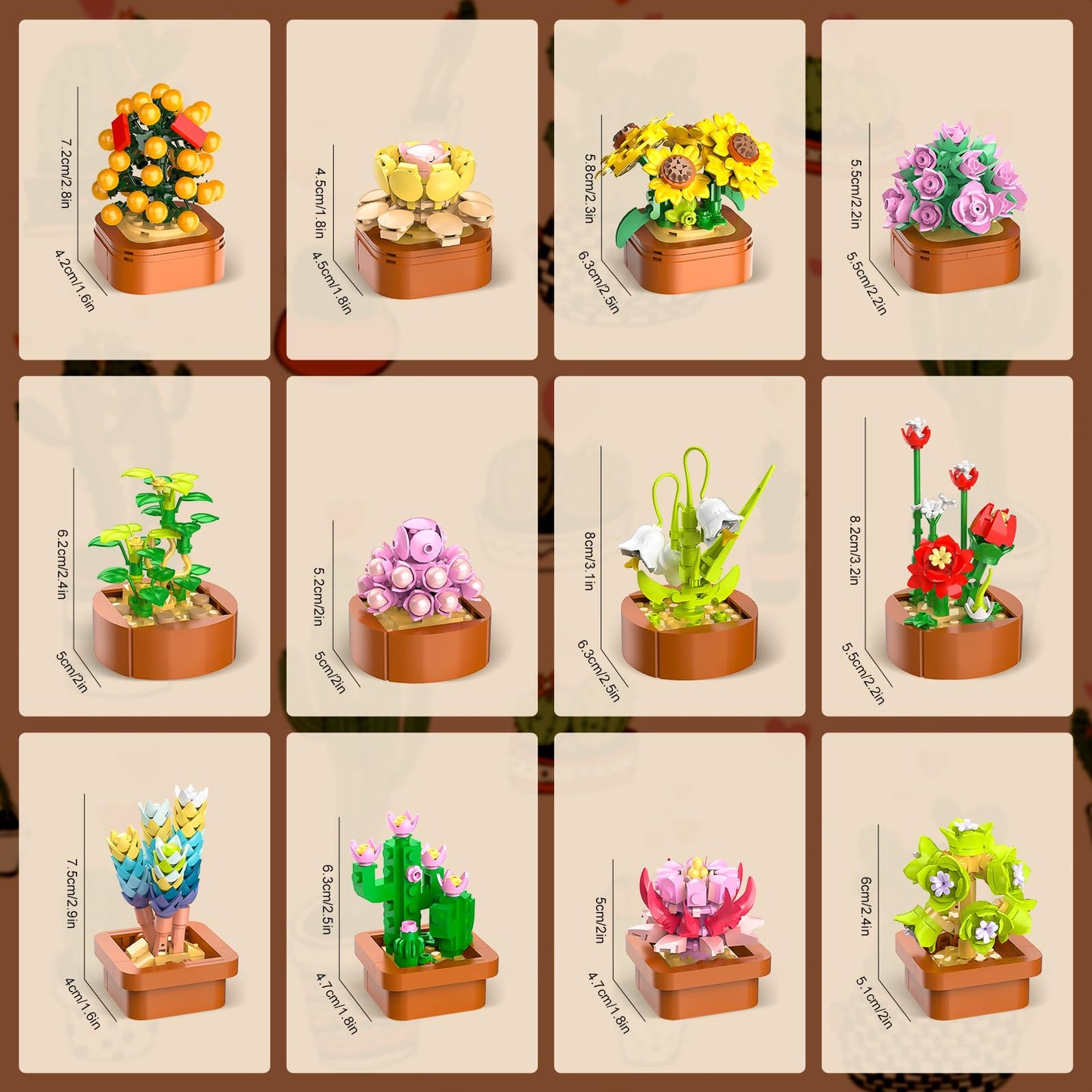12 Pack Flowers Succulents Mini Building Set-1403PCS Flower Botanical For Home Office Decor 3.6MM Plant Blocks Toy, Easter Birthday Gifts For Adults Women Kids Girls