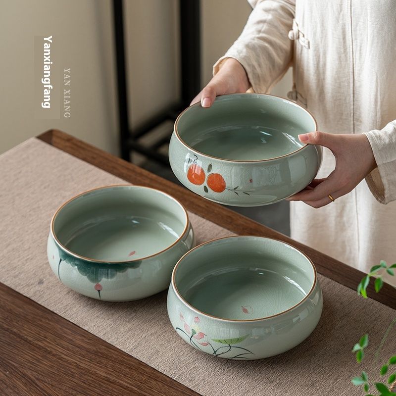 Ice Cracked Hand-painted Lotus Large Tea Wash Jar Glazed Ceramic Tea Ceremony Accessories