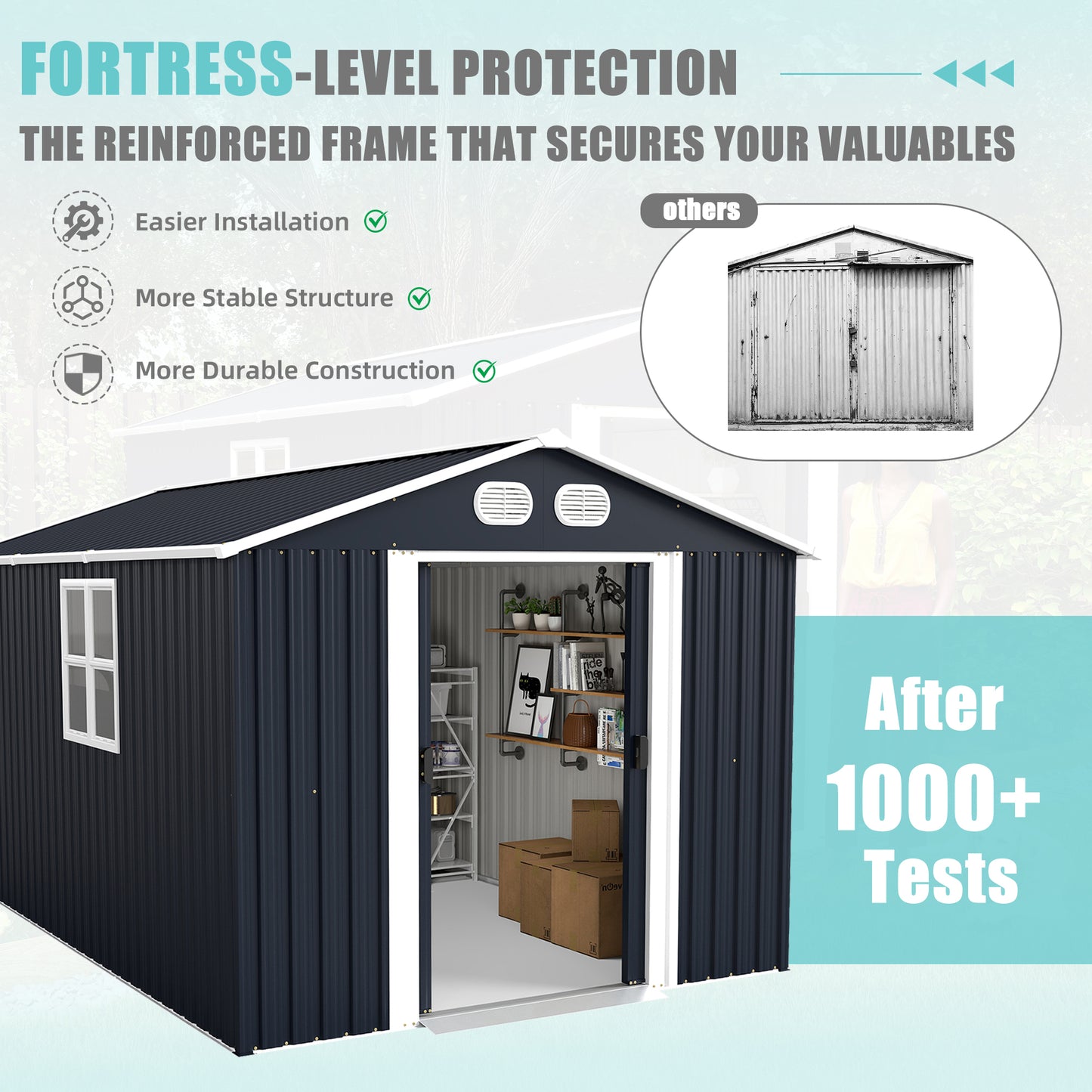 Campcraft 8x12 FT Outdoor Metal Storage Shed, Large Storage Sheds With Sturdy Frame Structure, Metal Garden Tool Shed With Lockable Door For Garden, Lawn, Backyard, Dark Gray