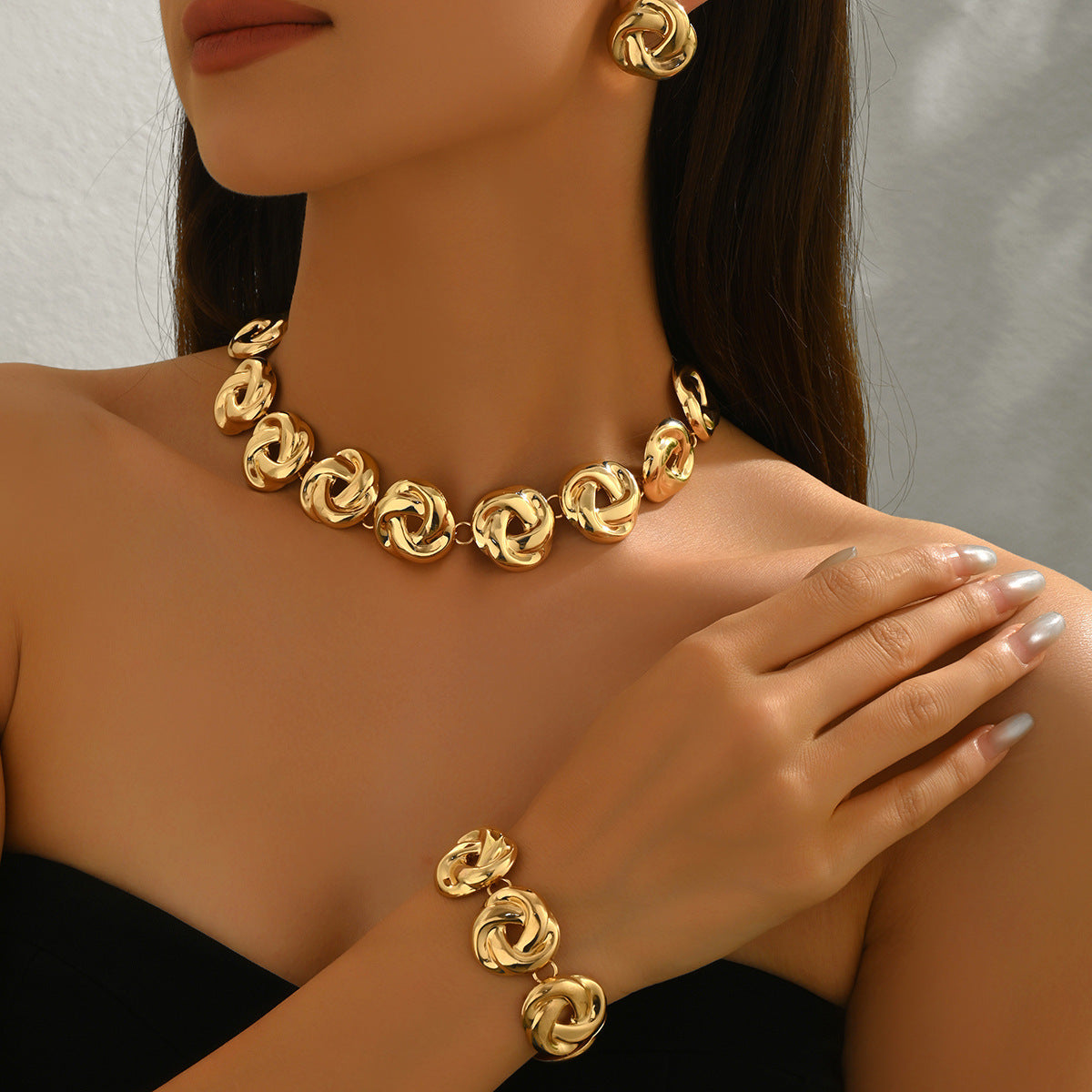 European American Cross-border Women Jewelry Set, Versatile Hollow Twisted Pendant Necklace, Matching Bracelet & Drop Earrings, Daily Fashion Accessories For Ladies