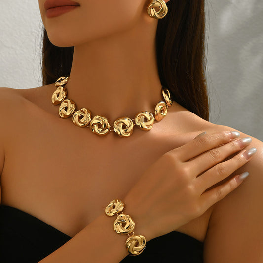 European American Cross-border Women Jewelry Set, Versatile Hollow Twisted Pendant Necklace, Matching Bracelet & Drop Earrings, Daily Fashion Accessories For Ladies