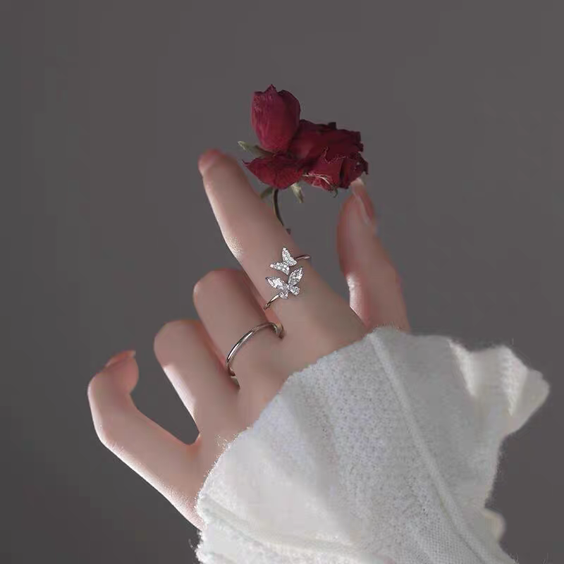 1 Piece 999 Sterling Silver Double Butterfly CZ Ring, Open Adjustable Band Style, For Daily Wear & Valentine's Gifts