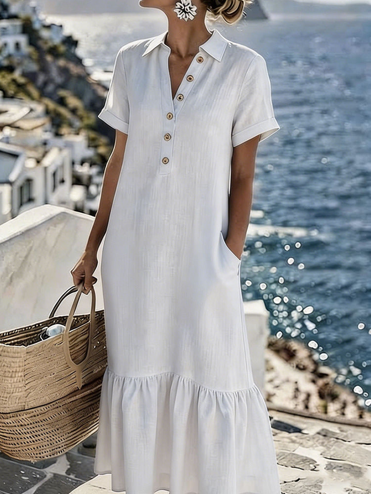 Summer New Womens Casual Loose-Fit Fashionable Pleated Lapel Short-Sleeve Plus-Size Shirt Dress