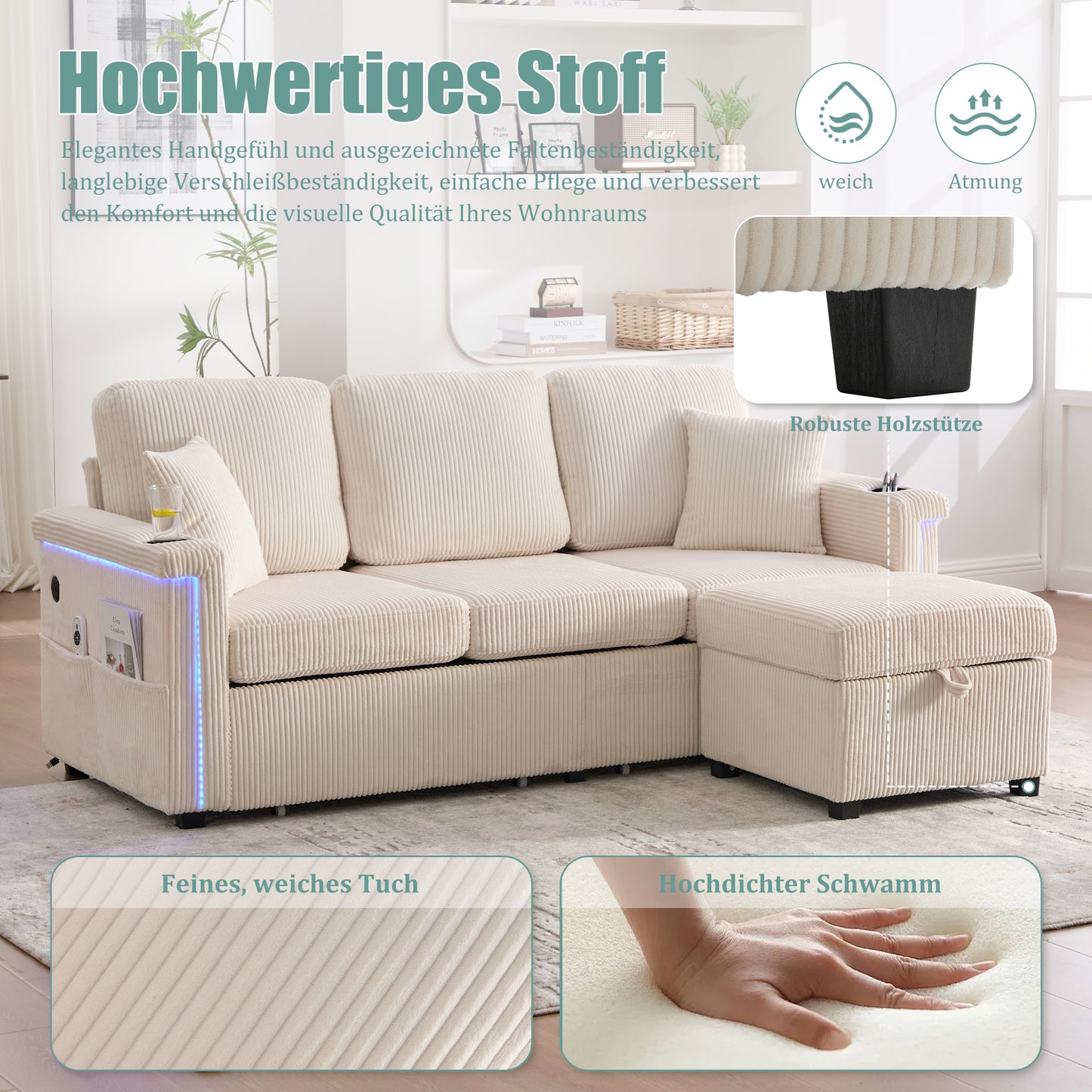 High-quality Velvet Sofa With LED Lighting & USB-C Port, Including Storage Footboard, Practical Cup Holders And Side Pockets  Premium Quality For The Living Room, Bedroom Or Office.