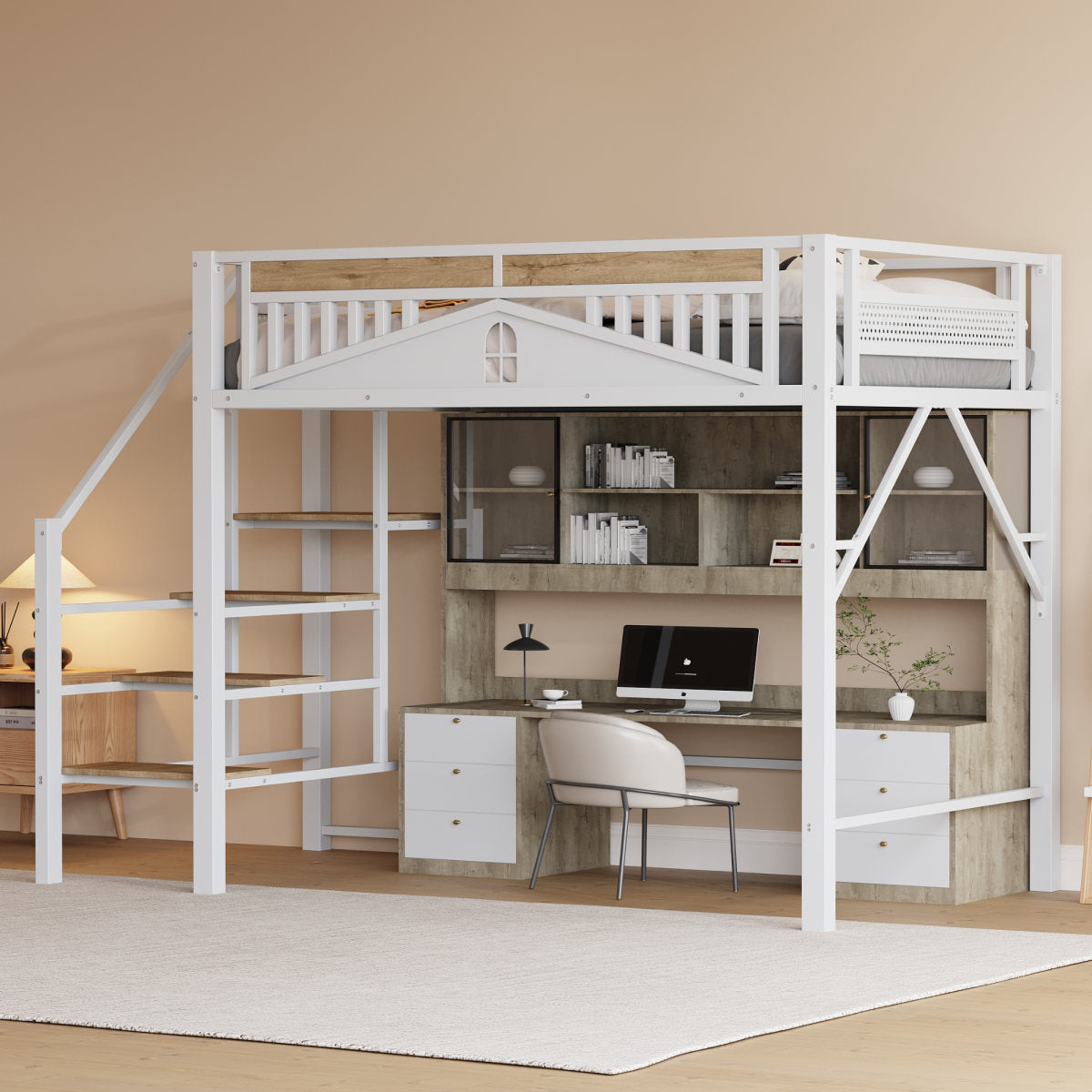 Metal Loft Bed 140 X 200 Cm, Unique Housing Shape With Window Design, With Safety Ladder, Plenty Of Storage Space Under The Bed, White