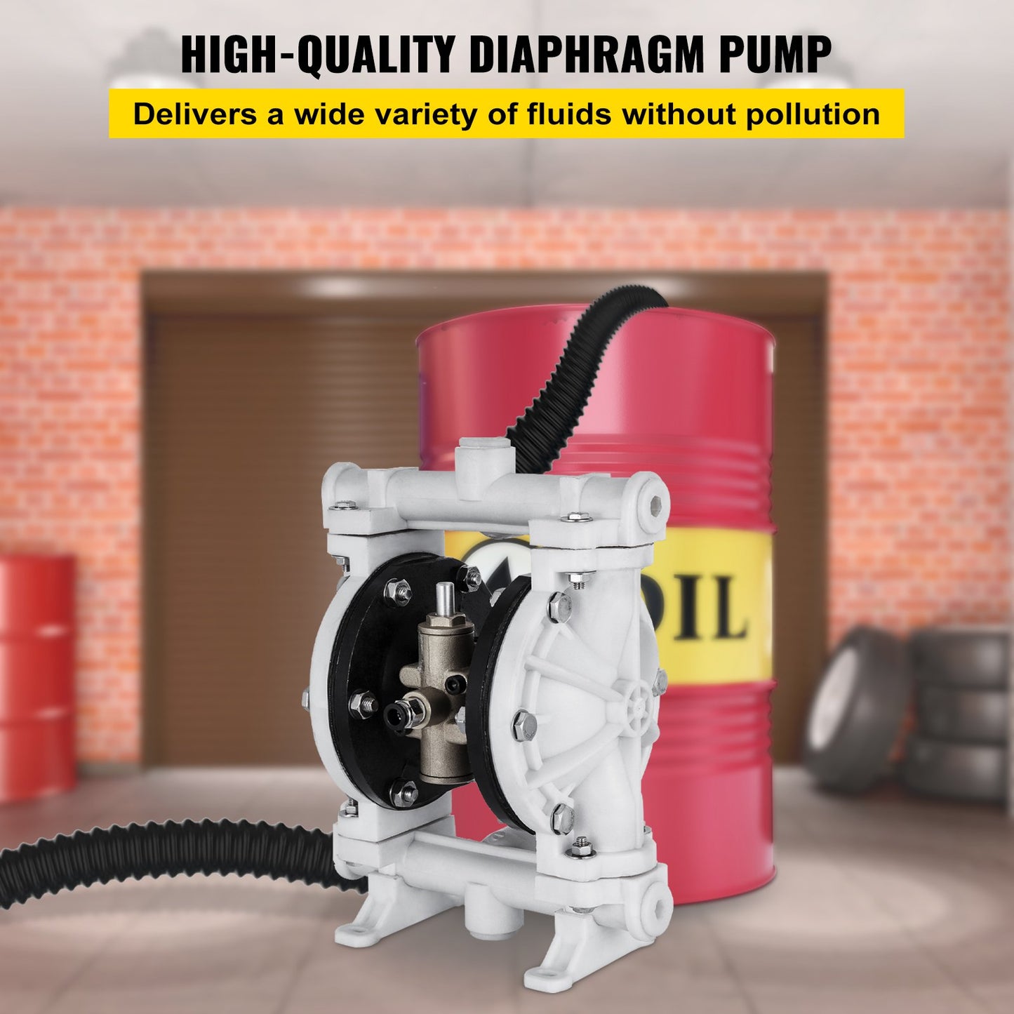 Air-Operated Double Diaphragm Pump, 1/2 In Inlet & Outlet, Polypropylene Body, 2.5 GPM & Max 80PSI, PTFE Diaphragm Pneumatic Transfer Pump For Petroleum, Diesel, Oil & Low Viscosity Fluids