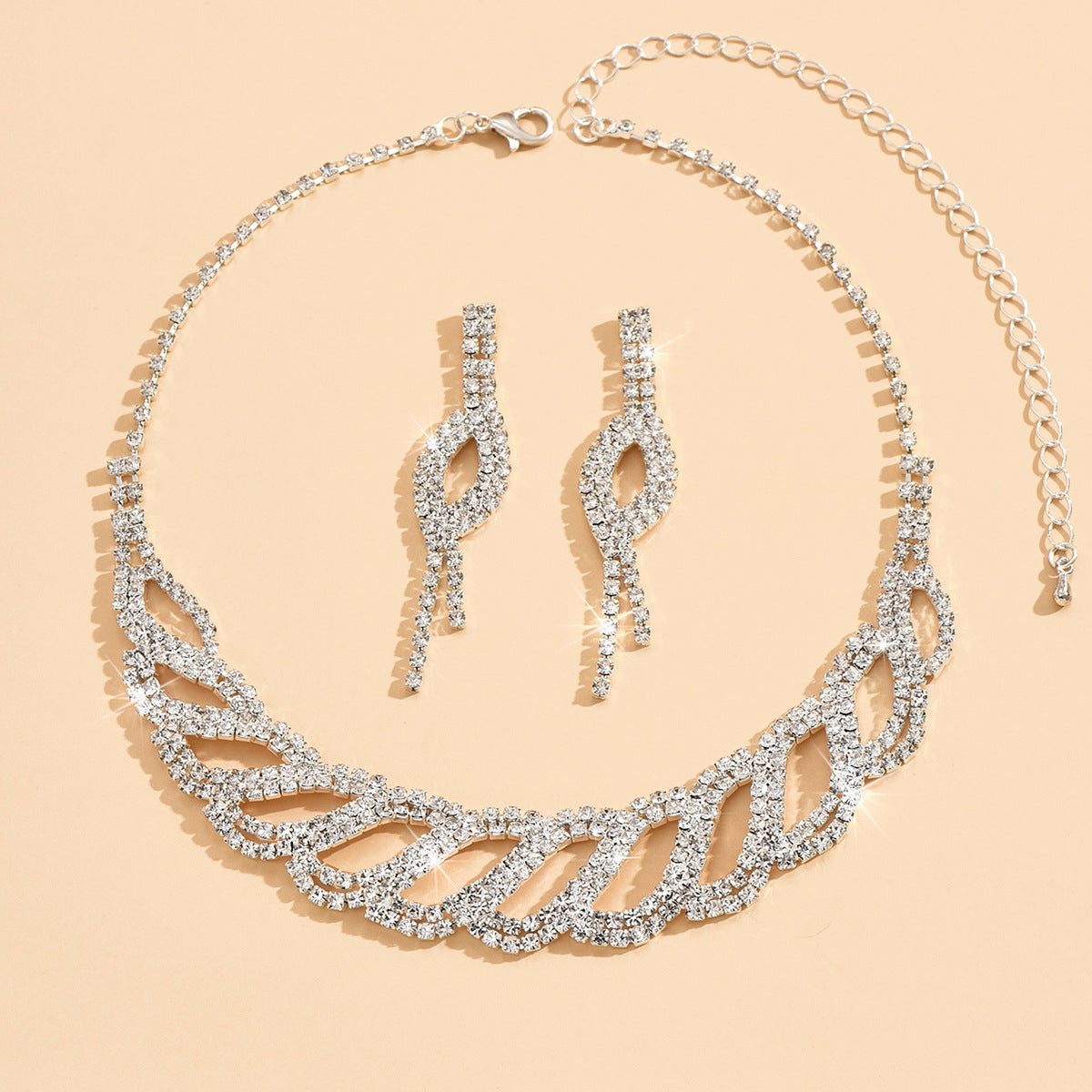 Women 2Pcs Clear Cubic Zirconia Jewelry Set, Intertwined Hollow Twist Necklace & Long Drop Dangle Earrings Silver Plated Formal Wedding Accessories