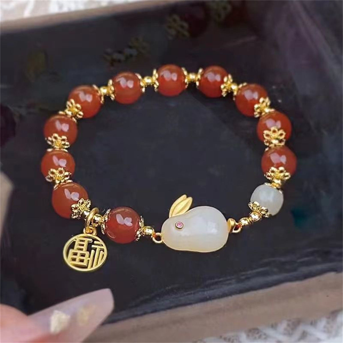 New Red Bead Jade Rabbit Bracelet For Women, Trendy Tiktok Influencer Style Valentine's Day Gift