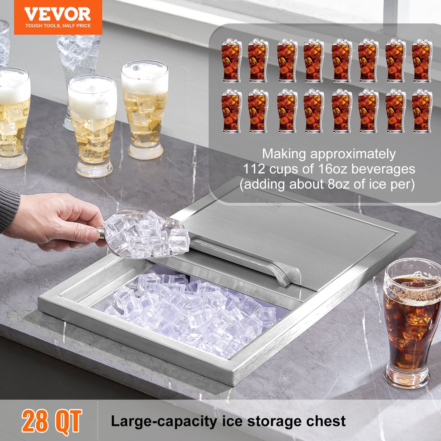Drop In Ice Chest, 46cm Lx30.5 Cm W X 36.8cm H Stainless Steel Ice Cooler, Commercial Ice Bin With Sliding Cover, 38.7 L Outdoor Kitchen Ice Bar, Drain-pipe And Drain Plug Included, For Cold Wine Beer
