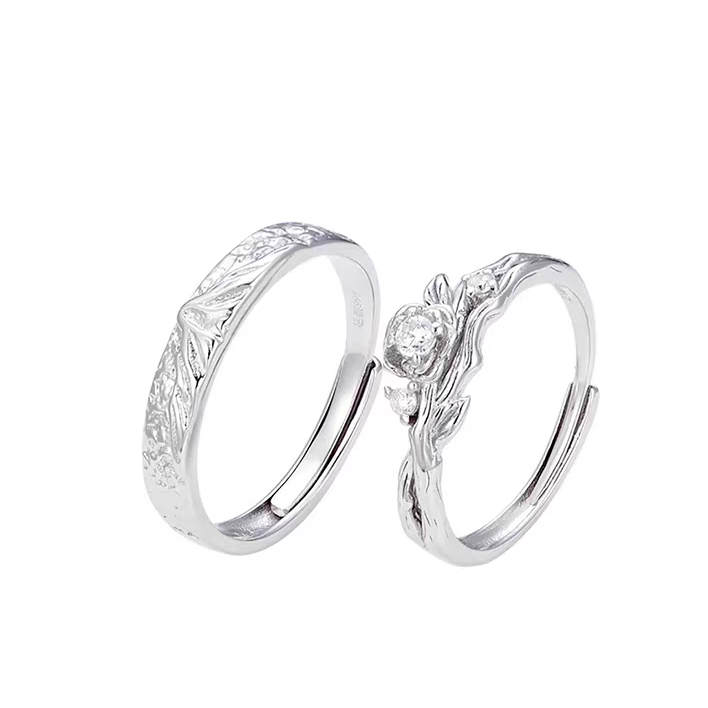 1 Pair 999 Sterling Silver Snow Mountain Rose Couple Rings, Romantic Carved Design, For Daily Wear & Valentine's Gifts