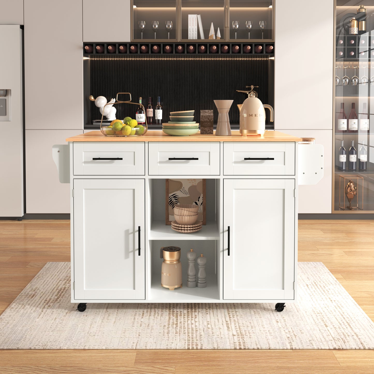 139x46 X91.5 Cm Large Dining Trolley Sideboard, White Body  Solid Wood Grain Worktop, Foldable Worktop, Storage Door, Castors, Interchangeable Solid Wood Feet, Suitable For Dining Room, Kitchen