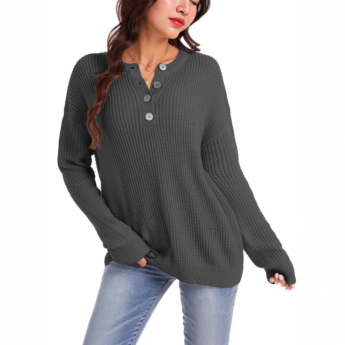 New Fallwinter Buttoned Crewneck Loosefit Sweater