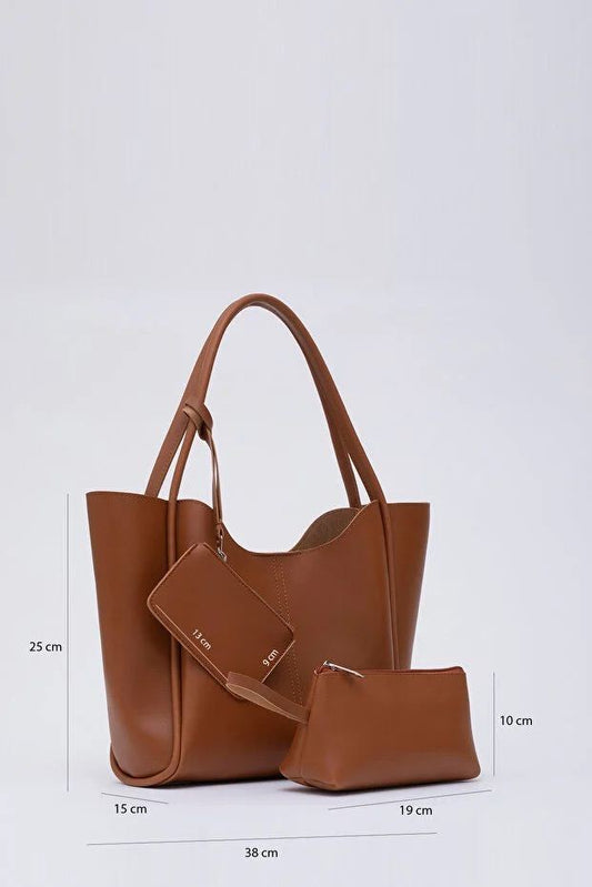 Tan SHK108 Faux Leather Women Hand And Shoulder Bag With Wallet And Makeup Bag