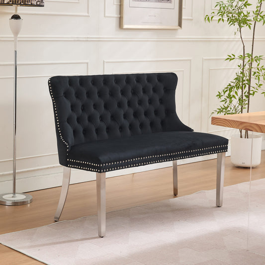 Velvet Double Dining Loveseat Bench, Kitchen & Dining Seating, 2-Seat Tufted Bench W Handmade Buttons, Wing Back, Brushed Silver Stainless Steel Legs, Mid Century Modern,Single Pack,Black,DE1702BK