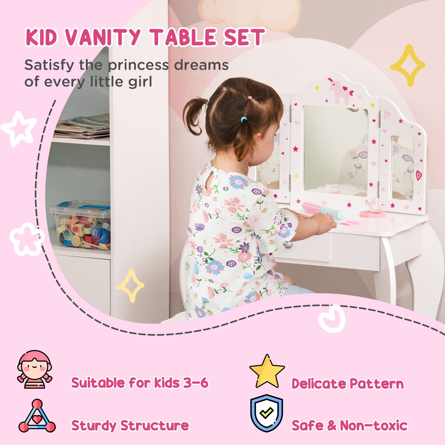 Kids Vanity Table And Chair Set With Tri-Folding Mirror And Stool, Makeup Dressing Table With Drawer, White