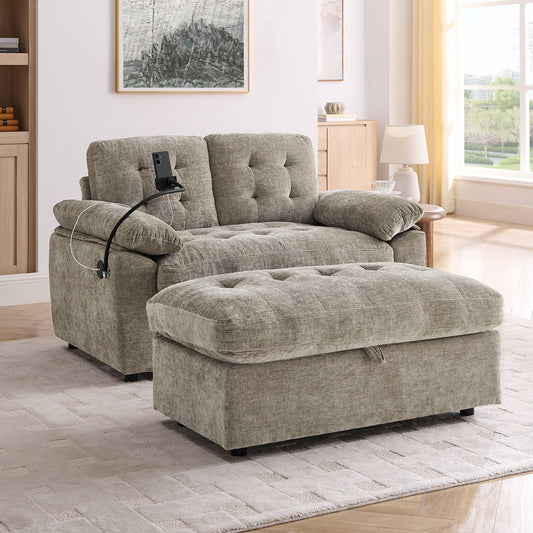Leisure Sofa Chair,Double Sofa Recliner, With Manually Adjustable Backrest, Soft Padded Armrests, Side USB Charging Port And Phone Stand, Comes With A Matching Storage Ottoman-Brown