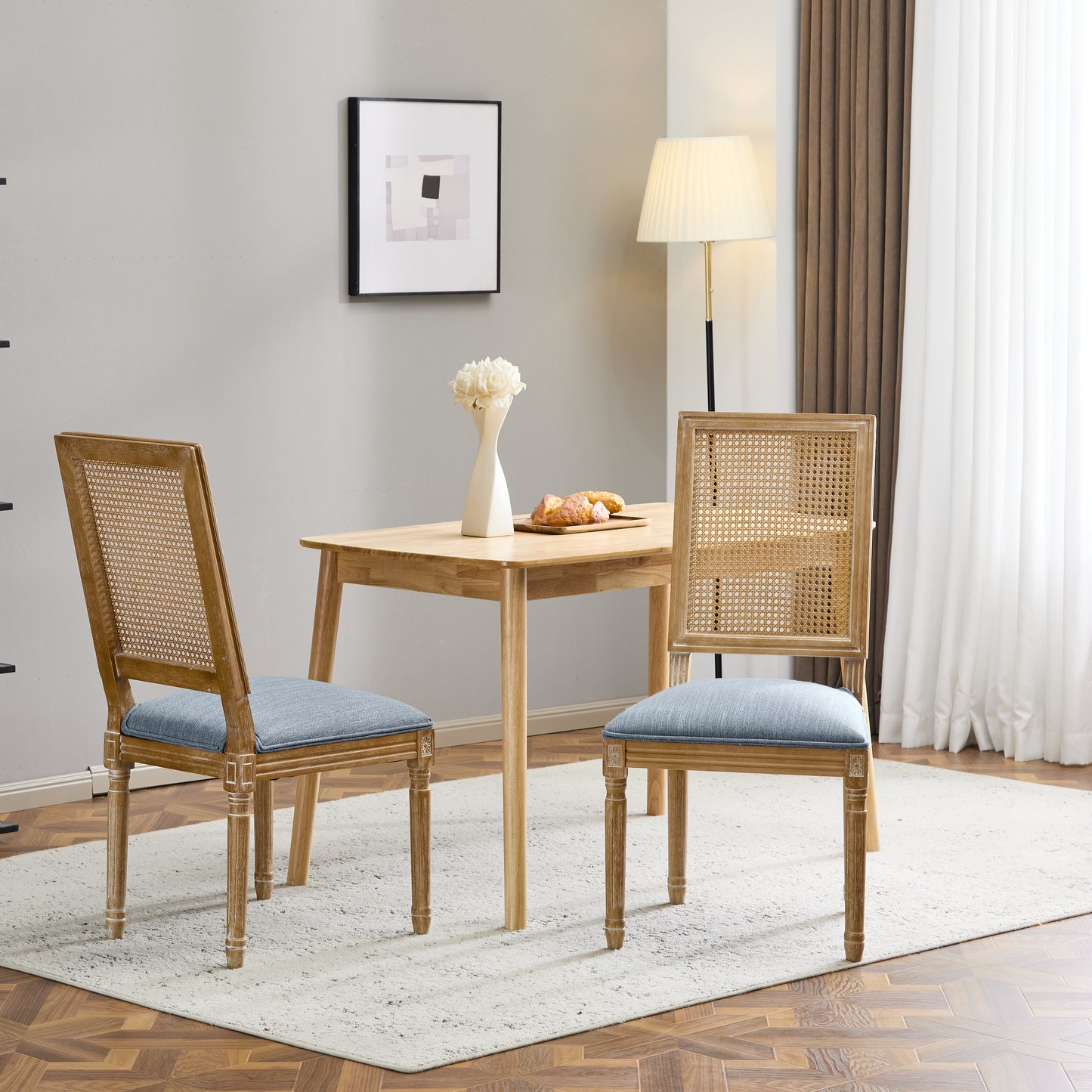 French Country Dining Chairs - Elegant Cane Backrest & Upholstered Seats With Fluted Legs - Rustic Weathered Finish - Solid Rubberwood Frame - Vintage Inspired Kitchen & Dining Room Chairs