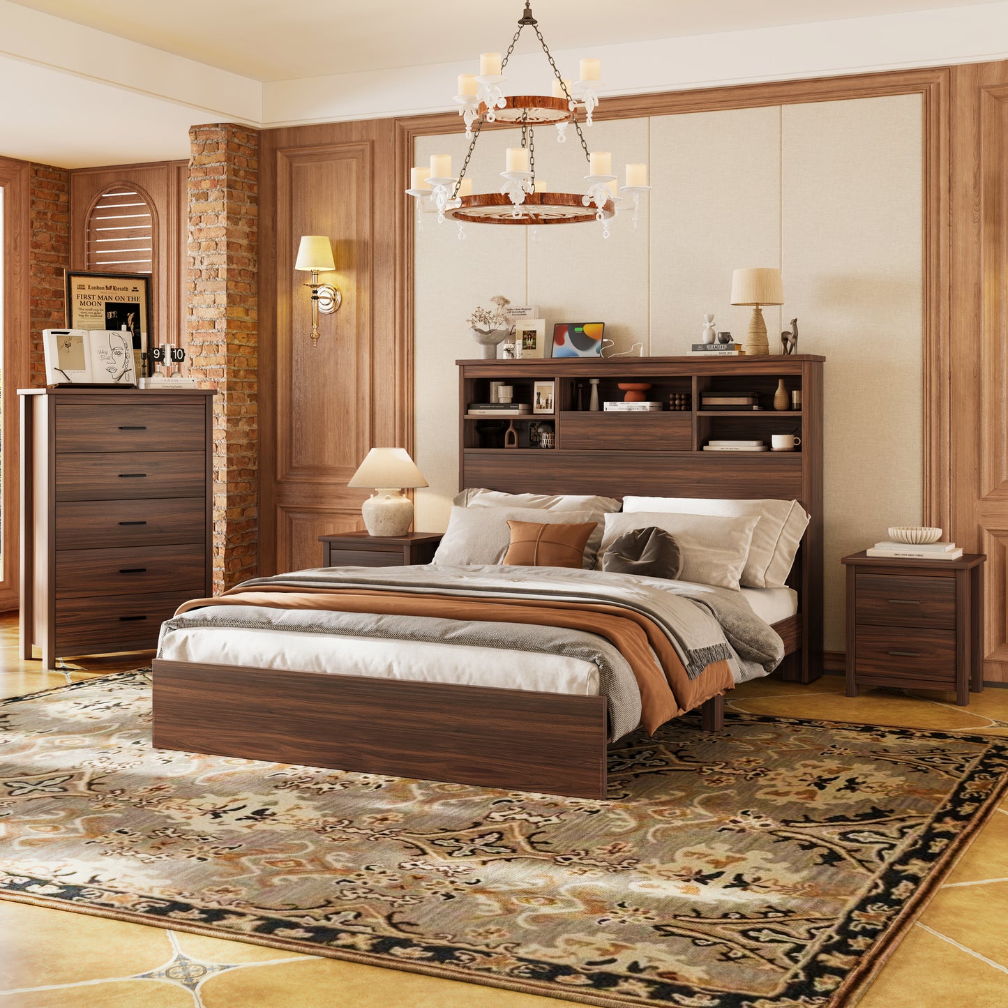 4PCS Bedroom Sets, Wooden Queen Size Bed Frame With Storage Headboard And Charging Station, 2 Nightstands With 2 Drawers, 1 Dresser With 5 Drawers, Walnut Old SKU HL000102AAD