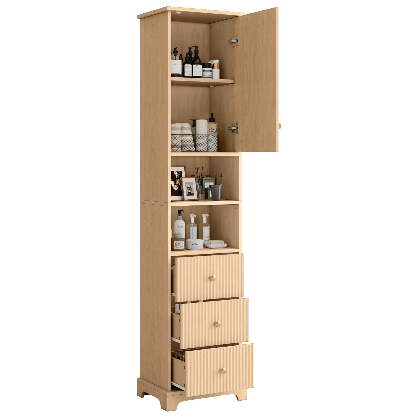 40x30x172cm Bathroom Cabinet, PVC Thermoformed Board, Vertical Stripe Pattern, Three Drawers, One Body, Two Open Shelves, Adjustable Shelves, Natural Wood Color.